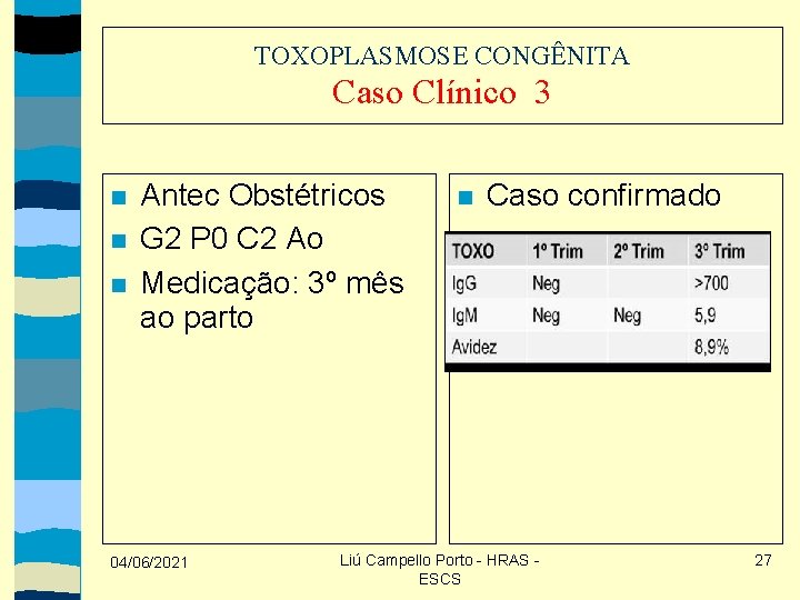 TOXOPLASMOSE CONGÊNITA Caso Clínico 3 Antec Obstétricos G 2 P 0 C 2 Ao