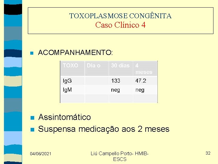 TOXOPLASMOSE CONGÊNITA Caso Clínico 4 ACOMPANHAMENTO: Assintomático Suspensa medicação aos 2 meses 04/06/2021 Liú
