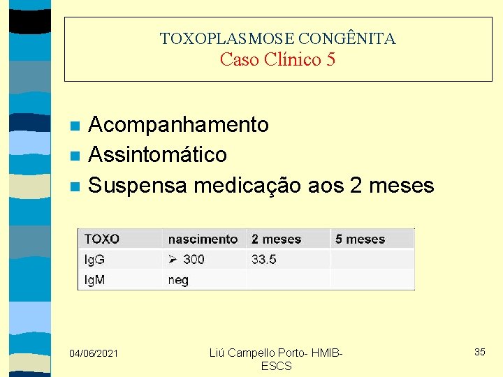 TOXOPLASMOSE CONGÊNITA Caso Clínico 5 Acompanhamento Assintomático Suspensa medicação aos 2 meses 04/06/2021 Liú