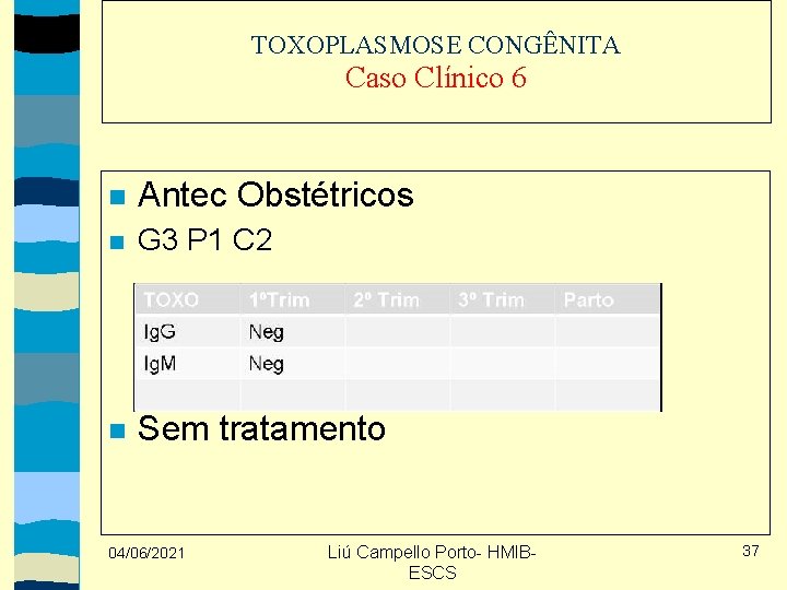 TOXOPLASMOSE CONGÊNITA Caso Clínico 6 Antec Obstétricos G 3 P 1 C 2 Sem