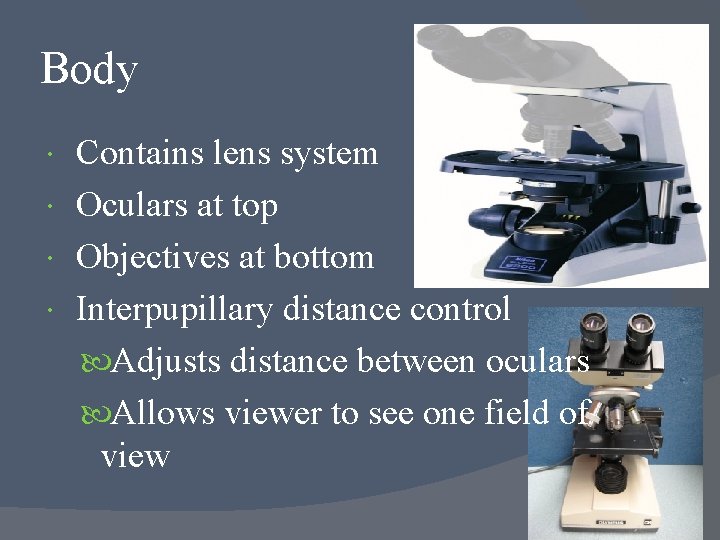 Body Contains lens system Oculars at top Objectives at bottom Interpupillary distance control Adjusts