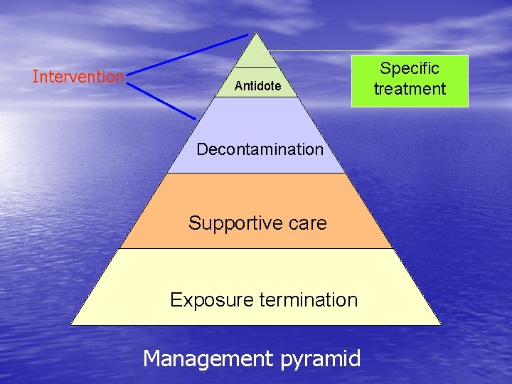 Intervention Antidote Decontamination Supportive care Exposure termination Management pyramid Specific treatment 