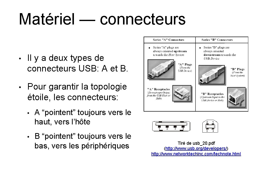 Matériel — connecteurs • Il y a deux types de connecteurs USB: A et
