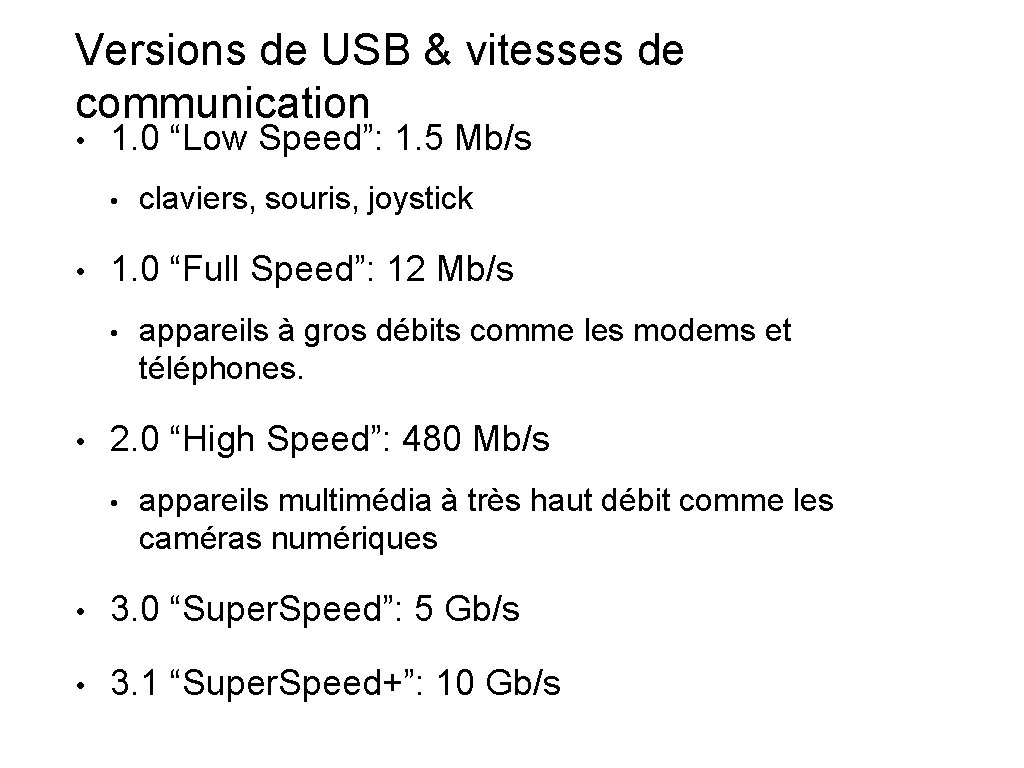 Versions de USB & vitesses de communication • 1. 0 “Low Speed”: 1. 5