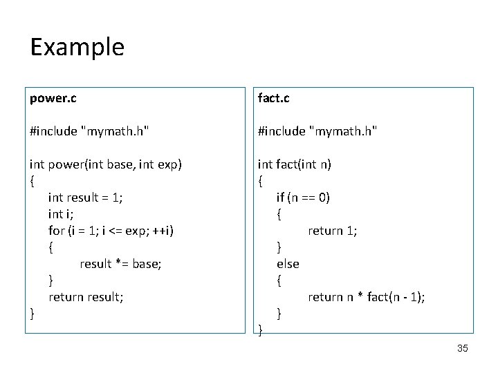 Example power. c fact. c #include "mymath. h" int power(int base, int exp) {