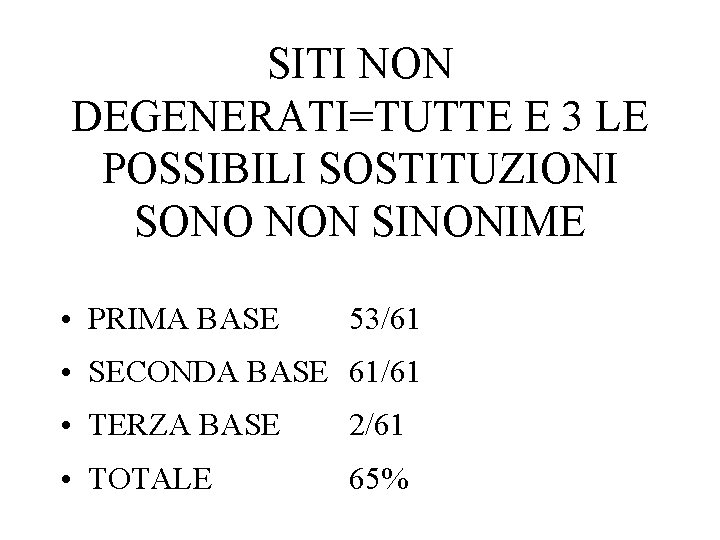 SITI NON DEGENERATI=TUTTE E 3 LE POSSIBILI SOSTITUZIONI SONO NON SINONIME • PRIMA BASE