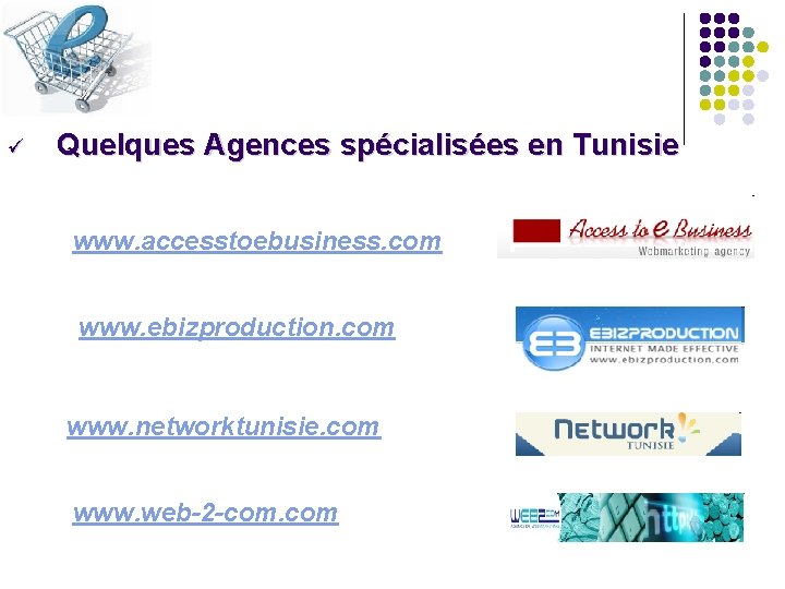 ü Quelques Agences spécialisées en Tunisie www. accesstoebusiness. com www. ebizproduction. com www. networktunisie.