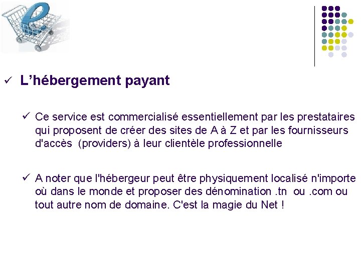 ü L’hébergement payant ü Ce service est commercialisé essentiellement par les prestataires qui proposent