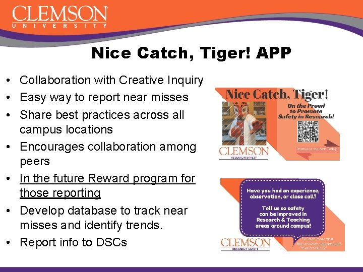 Nice Catch, Tiger! APP • Collaboration with Creative Inquiry • Easy way to report