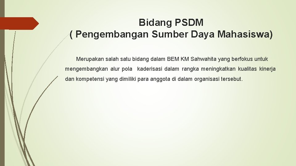 Bidang PSDM ( Pengembangan Sumber Daya Mahasiswa) Merupakan salah satu bidang dalam BEM KM