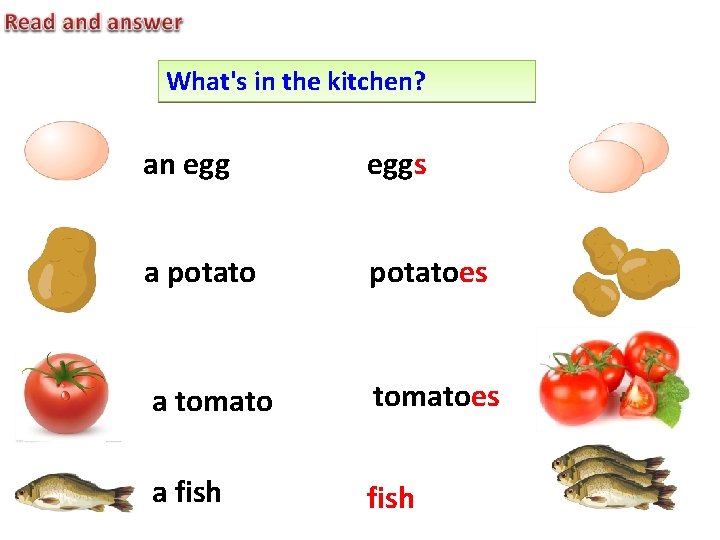 What's in the kitchen? an eggs a potatoes a tomatoes a fish 