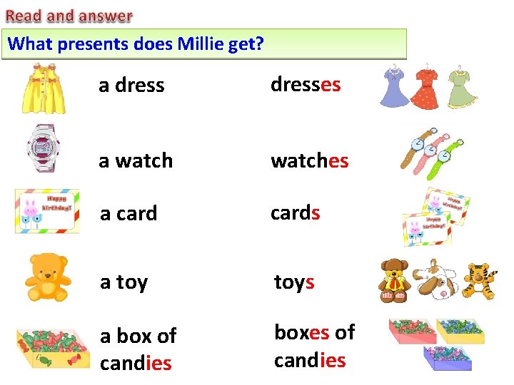 What presents does Millie get? a dresses a watches a cards a toys a
