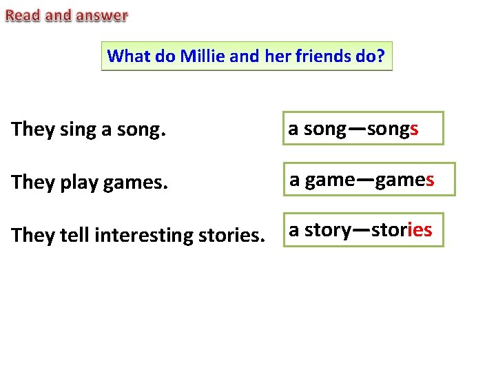 What do Millie and her friends do? They sing a song—songs They play games.