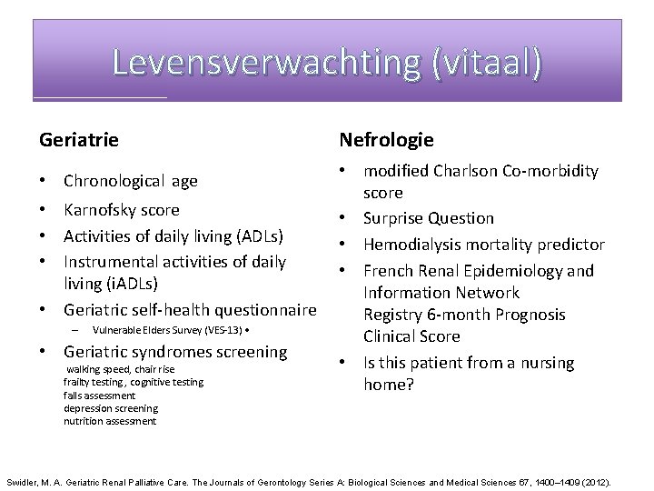 Levensverwachting (vitaal) Geriatrie • Chronological age • Karnofsky score • Activities of daily living