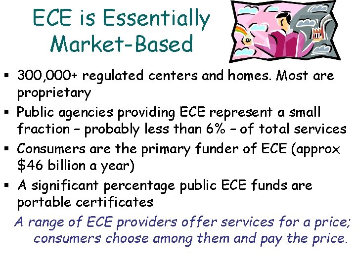 ECE is Essentially Market-Based § 300, 000+ regulated centers and homes. Most are proprietary