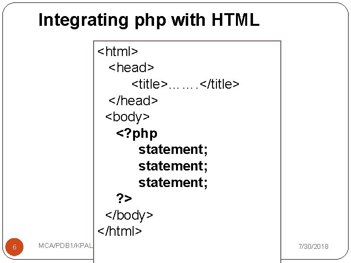 Integrating php with HTML <html> <head> <title>……. </title> </head> <body> <? php statement; ?