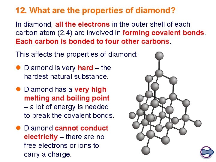 12. What are the properties of diamond? In diamond, all the electrons in the