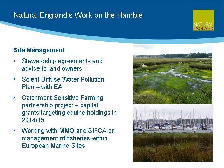 Natural England’s Work on the Hamble Site Management • Stewardship agreements and advice to