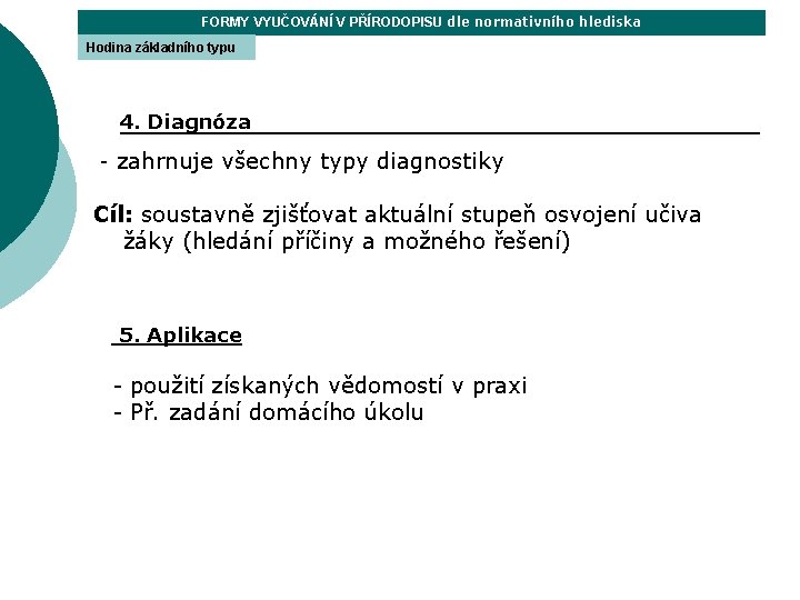 FORMY VYUČOVÁNÍ V PŘÍRODOPISU dle normativního hlediska Hodina základního typu 4. Diagnóza - zahrnuje