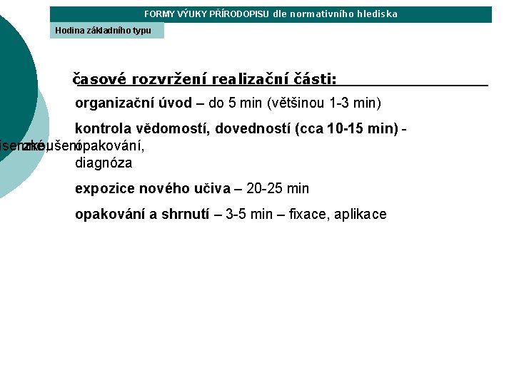 FORMY VÝUKY PŘÍRODOPISU dle normativního hlediska Hodina základního typu časové rozvržení realizační části: organizační