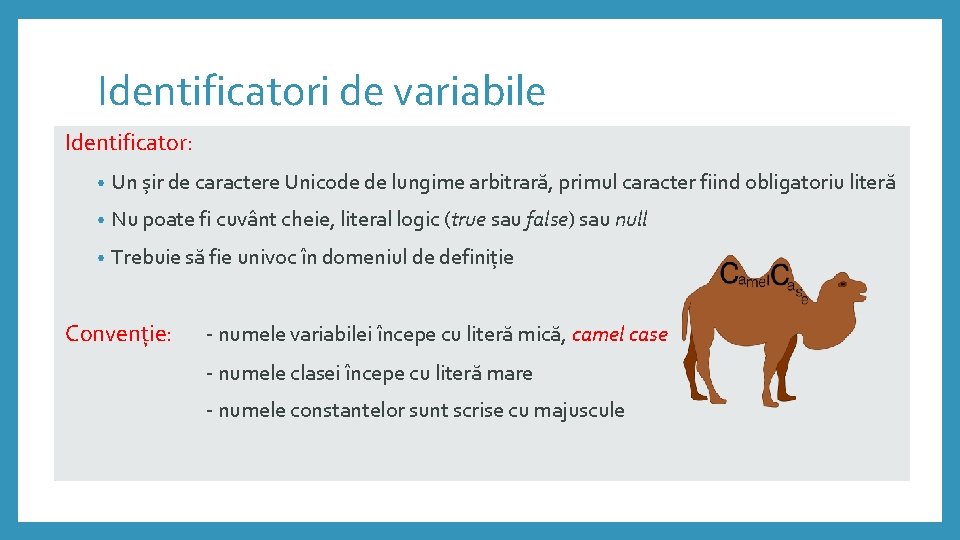 Identificatori de variabile Identificator: • Un șir de caractere Unicode de lungime arbitrară, primul