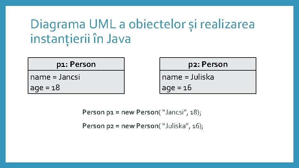 Diagrama UML a obiectelor și realizarea instanțierii în Java p 1: Person name =