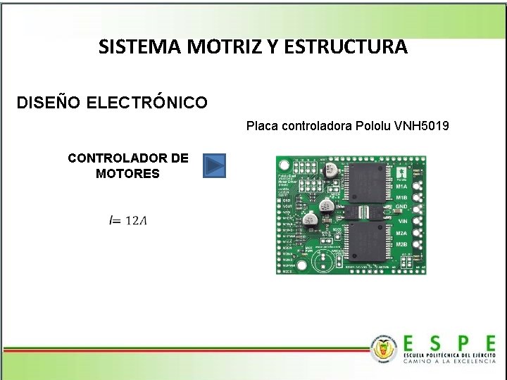 SISTEMA MOTRIZ Y ESTRUCTURA DISEÑO ELECTRÓNICO Placa controladora Pololu VNH 5019 CONTROLADOR DE MOTORES
