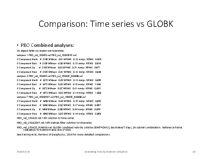 Comparison: Time series vs GLOBK • PBO Combined analyses: Un-aligned fields (no rotation and
