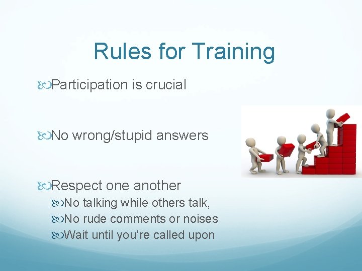 Rules for Training Participation is crucial No wrong/stupid answers Respect one another No talking