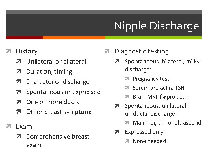 Nipple Discharge Diagnostic testing History Spontaneous, bilateral, milky Unilateral or bilateral discharge: Duration, timing
