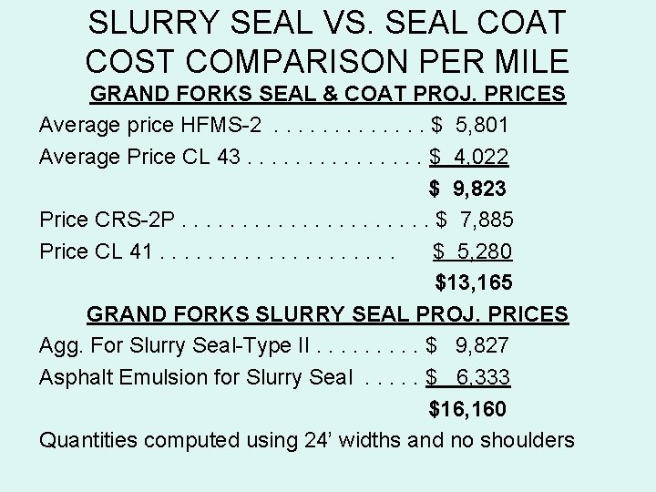 SLURRY SEAL VS. SEAL COAT COST COMPARISON PER MILE GRAND FORKS SEAL & COAT
