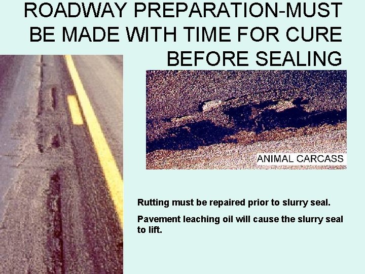 ROADWAY PREPARATION-MUST BE MADE WITH TIME FOR CURE BEFORE SEALING Rutting must be repaired
