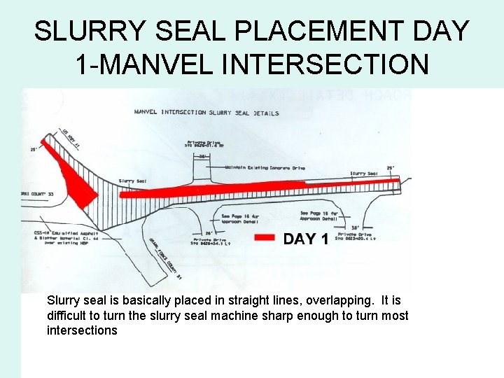 SLURRY SEAL PLACEMENT DAY 1 -MANVEL INTERSECTION Slurry seal is basically placed in straight