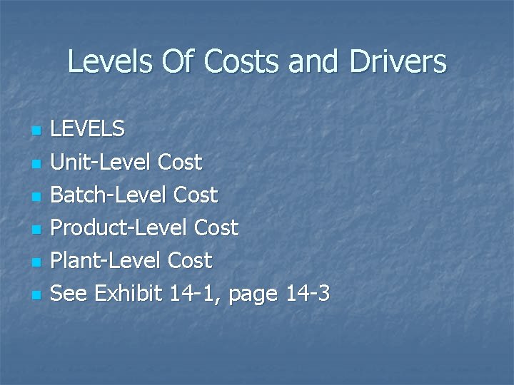 Levels Of Costs and Drivers n n n LEVELS Unit-Level Cost Batch-Level Cost Product-Level