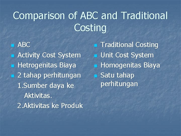 Comparison of ABC and Traditional Costing n n ABC Activity Cost System Hetrogenitas Biaya