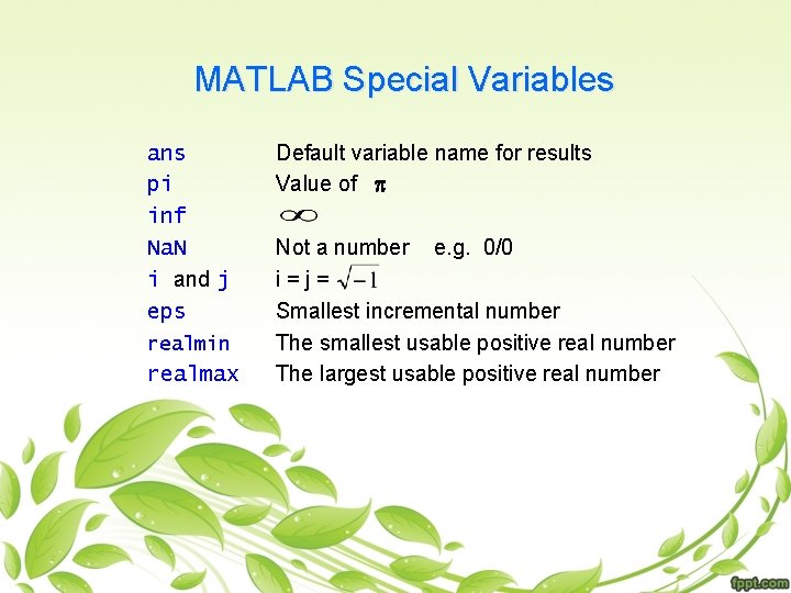 MATLAB Special Variables ans pi inf Na. N i and j eps realmin realmax