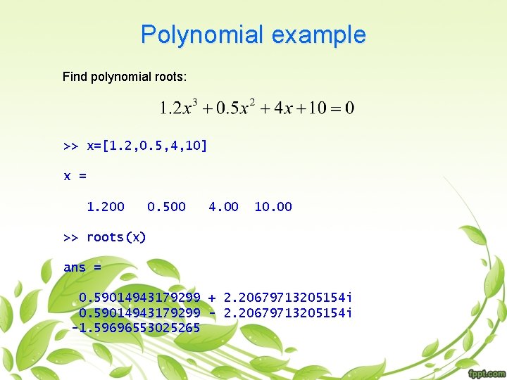 Polynomial example Find polynomial roots: >> x=[1. 2, 0. 5, 4, 10] x =