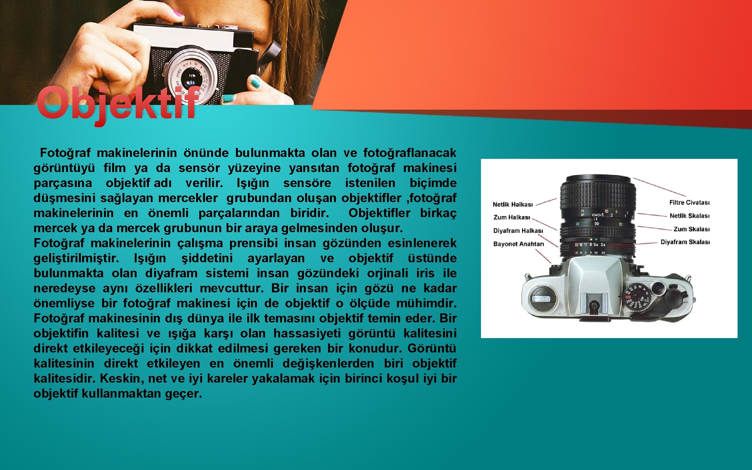 Objektif Fotoğraf makinelerinin önünde bulunmakta olan ve fotoğraflanacak görüntüyü film ya da sensör yüzeyine