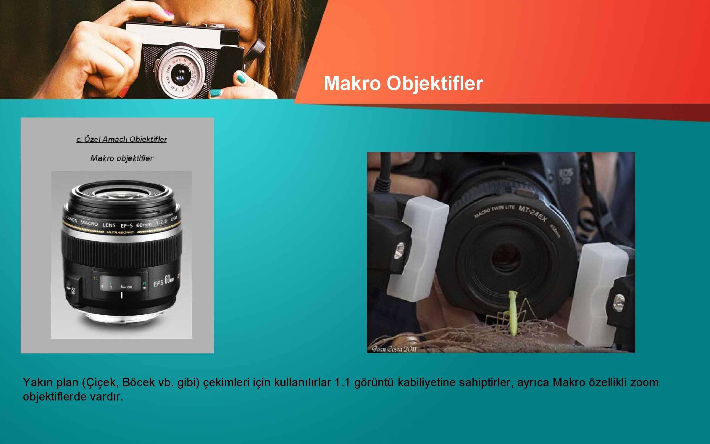 Makro Objektifler Yakın plan (Çiçek, Böcek vb. gibi) çekimleri için kullanılırlar 1. 1 görüntü