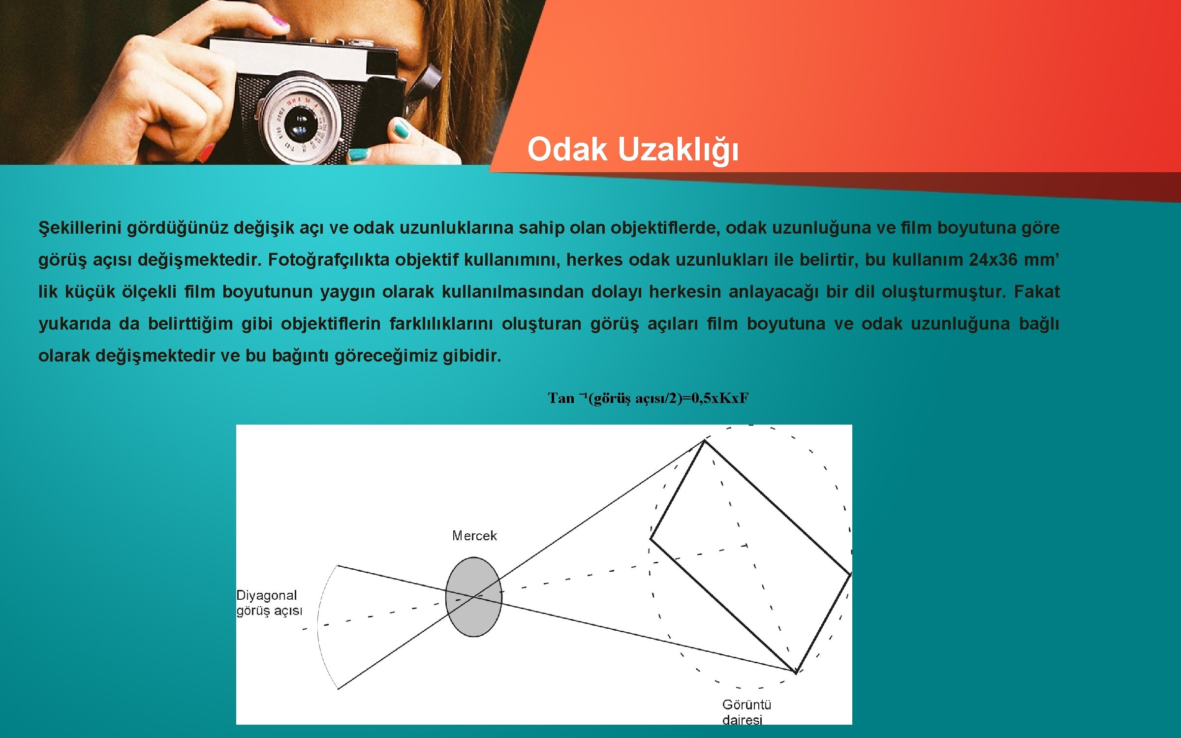 Odak Uzaklığı Şekillerini gördüğünüz değişik açı ve odak uzunluklarına sahip olan objektiflerde, odak uzunluğuna