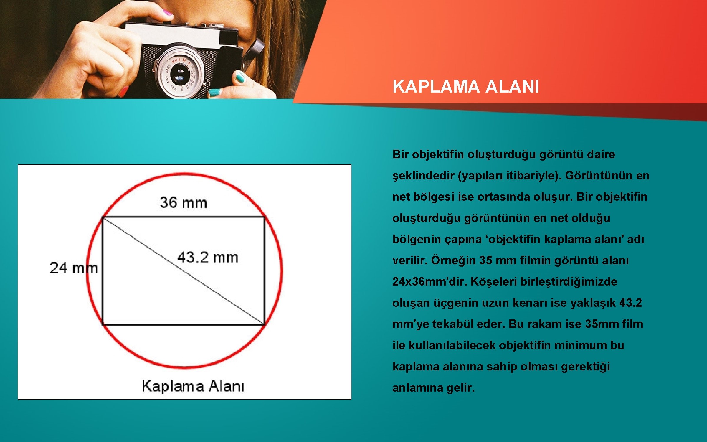 KAPLAMA ALANI Bir objektifin oluşturduğu görüntü daire şeklindedir (yapıları itibariyle). Görüntünün en net bölgesi