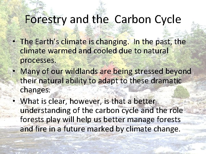 Forestry and the Carbon Cycle • The Earth’s climate is changing. In the past,