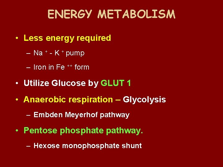 ENERGY METABOLISM • Less energy required – Na + - K + pump –