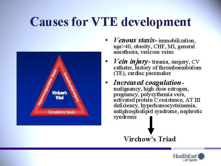 Causes for VTE development • Venous stasis- immobilization, age>40, obesity, CHF, MI, general anesthesia,