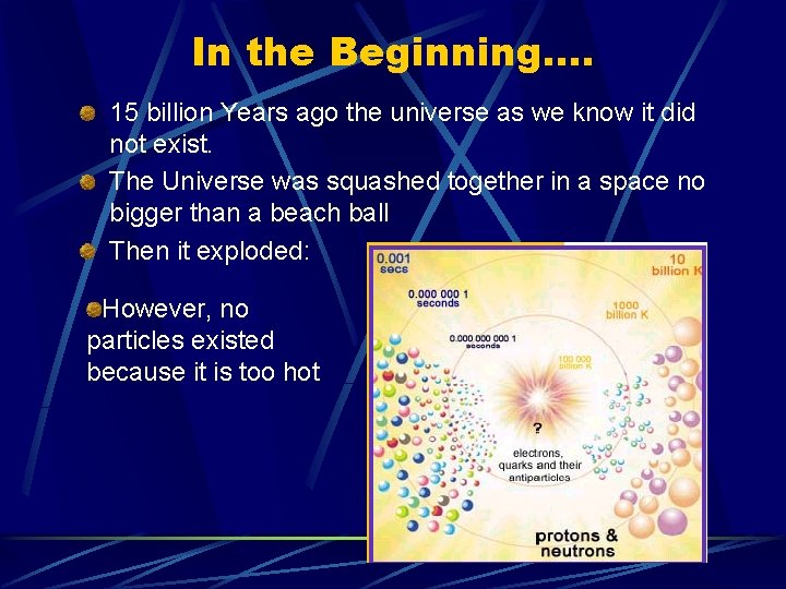 In the Beginning…. 15 billion Years ago the universe as we know it did