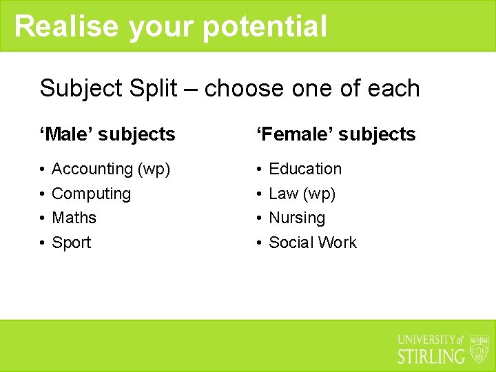 Realise your potential Subject Split – choose one of each ‘Male’ subjects ‘Female’ subjects