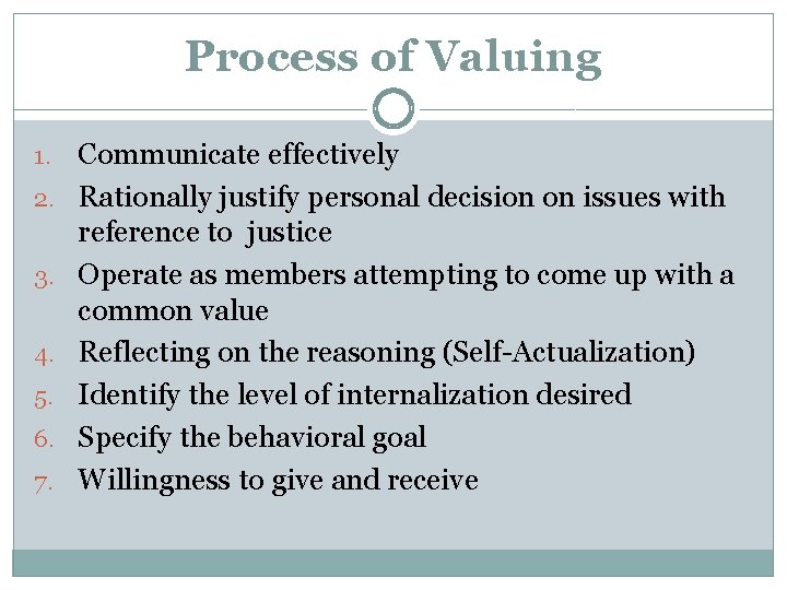 Process of Valuing 1. 2. 3. 4. 5. 6. 7. Communicate effectively Rationally justify