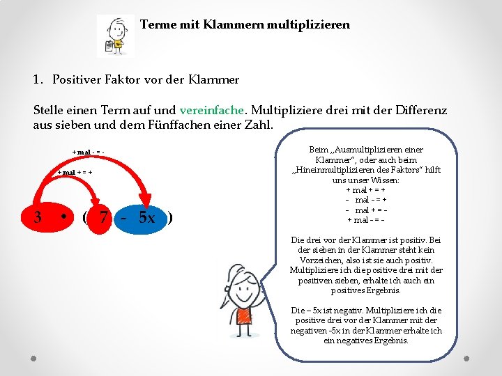 Terme mit Klammern multiplizieren 1. Positiver Faktor vor der Klammer Stelle einen Term auf