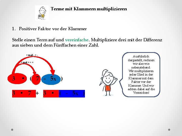 Terme mit Klammern multiplizieren 1. Positiver Faktor vor der Klammer Stelle einen Term auf