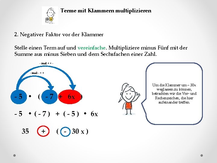 Terme mit Klammern multiplizieren 2. Negativer Faktor vor der Klammer Stelle einen Term auf